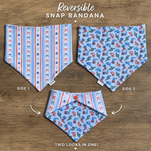 Load image into Gallery viewer, Reversible patriotic dog bandana with parade-themed print and coordinating red, white, and blue pattern