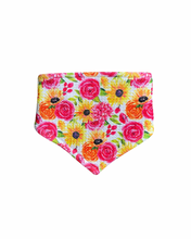 Load image into Gallery viewer, Floral patterned bandana with pink roses, yellow sunflowers, and orange flowers on a white background.