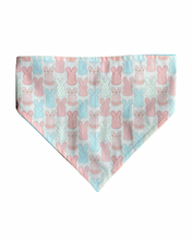Load image into Gallery viewer, Dog bandana with pink and blue bunny pattern on a pink blush background