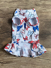 Load image into Gallery viewer, Sweet Liberty patriotic dog dress with red, white, and blue bow print