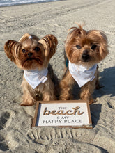 Load image into Gallery viewer, Coco and Toretto wearing matching bandanas with seashells on them sitting behind a sign that says “ The beach is my happy place”