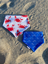 Load image into Gallery viewer, Reversible beach-themed dog bandana with red crabs and blue waves