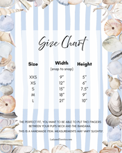 Load image into Gallery viewer, Size chart for a bandana with seashell design on a striped background.
