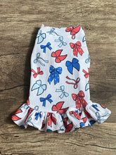 Load image into Gallery viewer, Sweet Liberty patriotic dog dress with red, white, and blue bow print
