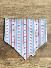 Load image into Gallery viewer, Reversible patriotic dog bandana with red, white, and blue star print
