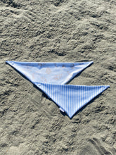 Load image into Gallery viewer, Reversible beach-themed dog bandana with seashells and blue and white stripes
